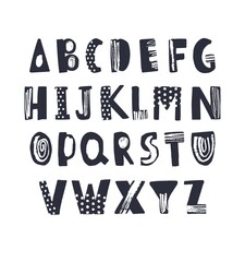 Creative latin font or childish english alphabet hand drawn on white background. Monochrome letters decorated with dots and brush strokes and arranged in alphabetical order. Vector illustration