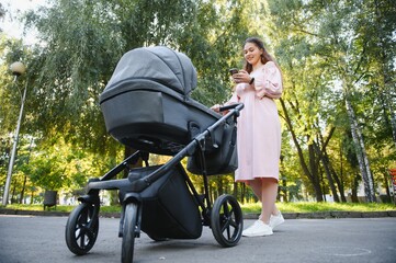 Mother with baby carriage in the park