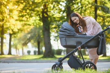 Happy young mother with baby in buggy walking in autumn park