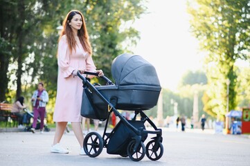 Mother with baby carriage in the park