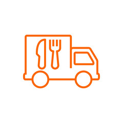 Food truck. Comida rápida. Logotipo con silueta de vehículo con tenedor y cuchillo con lineas en color naranja © teracreonte