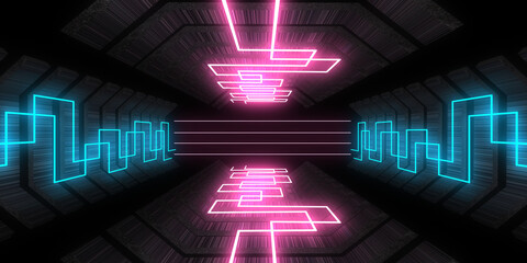 3D abstract background with neon lights. neon tunnel  .space construction . .3d illustration