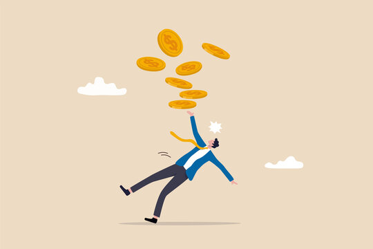 Financial mistake losing money, investment risk or trading failure, debt and loan, cost and expense problem concept, clumsy businessman investor fall on slippery floor losing all money dollar coins.