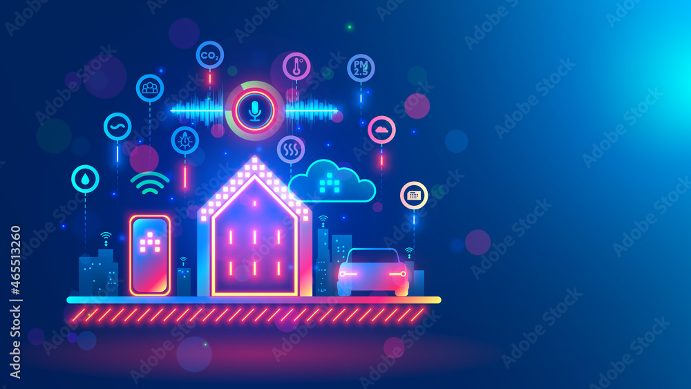 Aufkleber Smart home voice control. Smartphone connections with IOT intelligent devices house system and car computer. Smart speaker recognitions voice commands. 5G Wireless connection with Internet of Things.