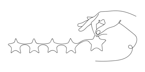 The Hand points to the Stars. Line art drawing. Continuous black and white drawing on a white background. An illustration for evaluating the Rating of something. Icon for rating, Reviews, feedback.