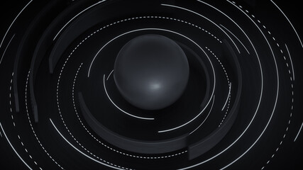 Black and white rotating circle elements 3D rendering