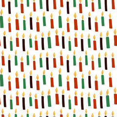 Cute Kwanzaa seamless pattern with seven kinara candles in traditional African colors - black, red, green on white. Vector Kwanzaa holiday festival celebration background design