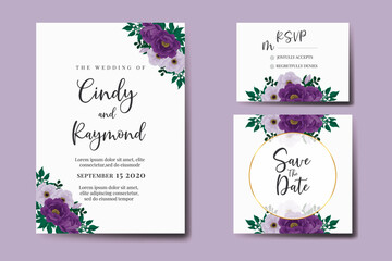 Modern Wedding invitation frame set, floral watercolor Digital hand drawn Purple Peony Flower design Invitation Card Template