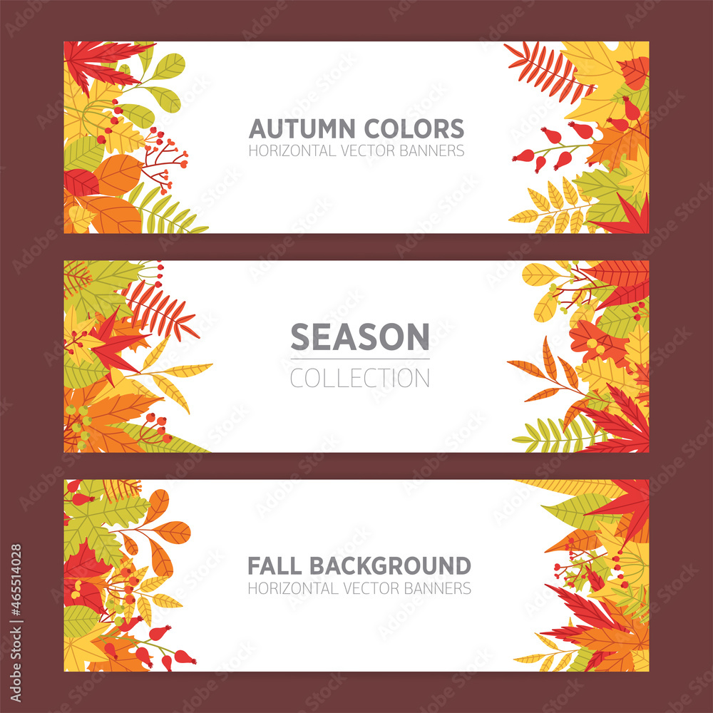 Poster collection of seasonal horizontal banner templates with bright colored autumn tree leaves or colorfu