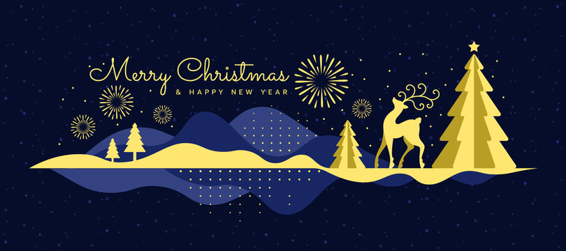 Merry christmas and happy new year - gold deer and christmas trees on abstract gold blue moutain at night sky with firework and snow on dark blue background vector design