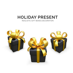 3D black boxes with gold ribbon and bow. Realistic design element for holiday sales