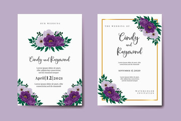 Modern Wedding invitation frame set, floral watercolor Digital hand drawn Purple Peony Flower design Invitation Card Template