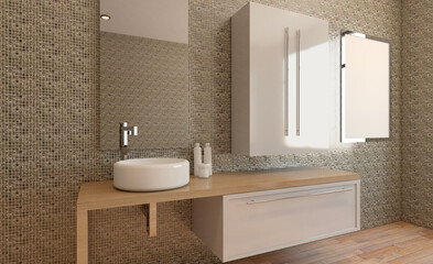Clean and fresh bathroom with natural light. 3D rendering.. Mockup.   Empty paintings