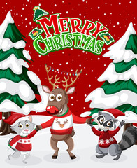 Merry Christmas poster with reindeer and animals