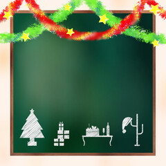 ツリーやプレゼントなどクリスマスのモチーフが描かれた黒板　星あり（正方形）
