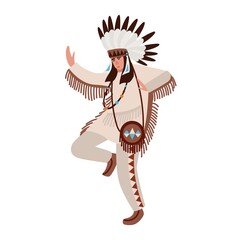 Dancing American Indian wearing ethnic costume and war bonnet. Man performing tribal dance of indigenous peoples of America. Male cartoon character isolated on white background. Vector illustration.