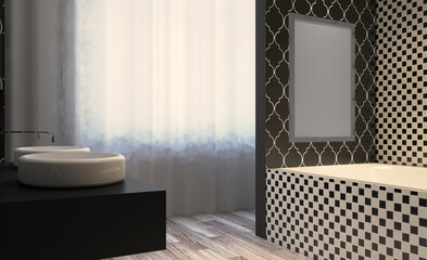 Modern bathroom including bath and sink. 3D rendering.. Blank paintings.  Mockup.