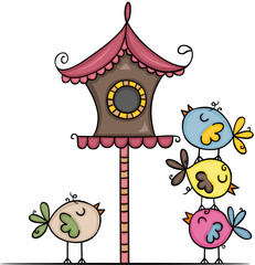 Cute birds with funny wooden cage

