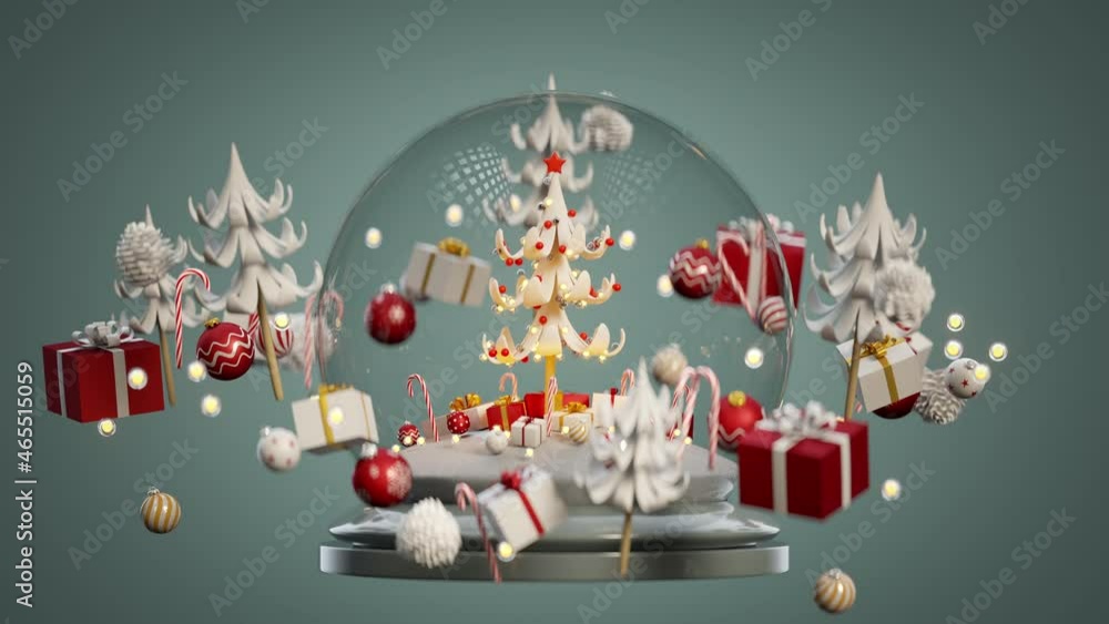 Poster christmas snow globe and ornaments float in air. looped 3d render animation