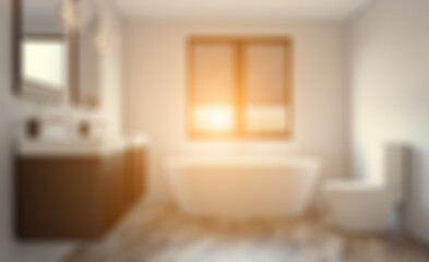 Bokeh blurred phototography. Modern bathroom including bath and sink. 3D rendering.. Sunset.
