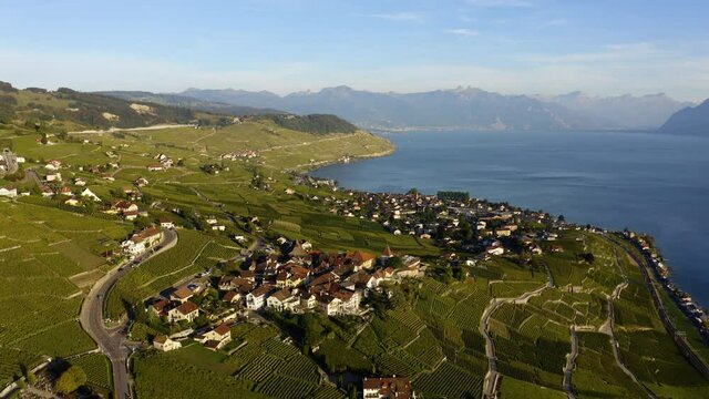 Aerial View Of Rural Village In Grandaux, Canton of Vaud In Switzerland. Lavaux Vineyards At The Shore Of Lake Leman.
