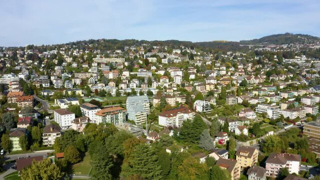 Sunny Day Over Outskirts Of Pully Town Near The City Of Lausanne On The Shores Of Lake Geneva In Switzerland. aerial