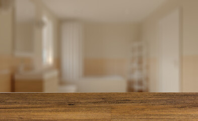 Background with empty table. Flooring. Modern bathroom including bath and sink. 3D rendering.