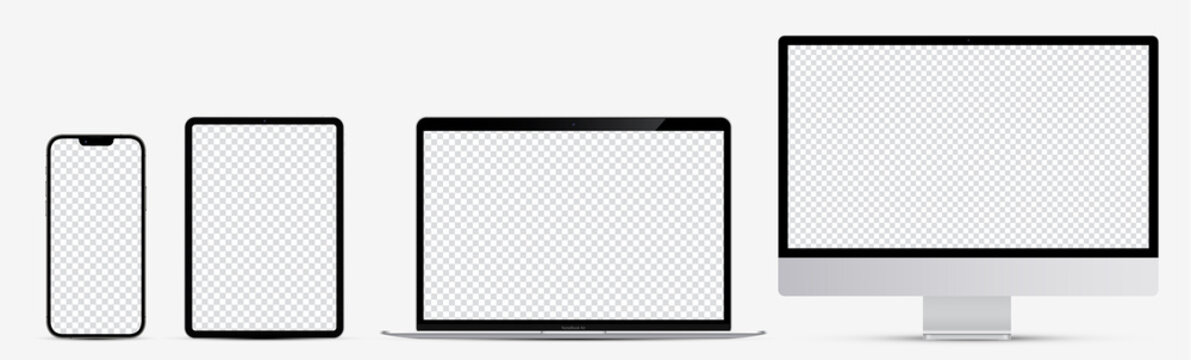 Device screen mockup. Smartphone, tablet, laptop and monoblock monitor, with blank screen for you design. Vector EPS10	