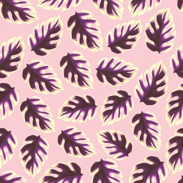 pink background vector design with abstract monstera leaves tropical plants seamless pattern. Colorful stylish floral. Floral background. wallpaper decorative. nature background
