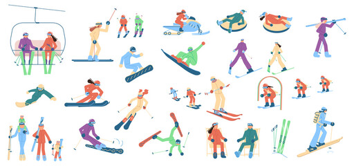 Fototapeta na wymiar Adult and child skiers, snowboarders and tubing people
