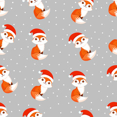 Christmas texture with festive foxes and snow. Vector illustration of Merry Christmas and Happy New Year. Seamless pattern. Winter holiday.