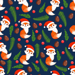 Christmas texture with festive foxes, years, fir branches and cones. Vector illustration of Merry Christmas and Happy New Year. Seamless pattern. Winter holiday.