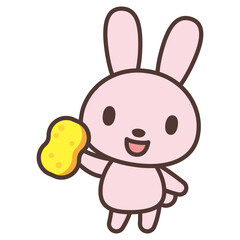 掃除のスポンジを持ったうさぎのかわいいキャラクター　Cartoon rabbit holding a sponge