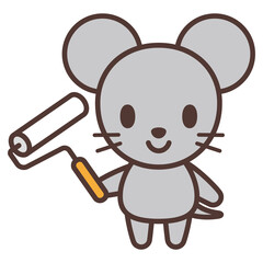 粘着テープ（コロコロ）を持っているねずみのかわいいキャラクター　Cartoon mouse with lint roller