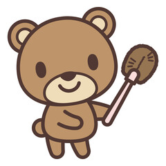 掃除のブラシを持っている熊のかわいいキャラクター　Cartoon bear holding a cleaning brush