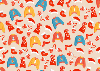 Christmas texture with festive clothes, sweaters, hats, mittens and socks. Vector illustration of Merry Christmas and Happy New Year. Seamless pattern. Winter holiday.