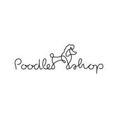Cute poodle shop dog one line vector illustration. Hand drawn black outline silhouette of poodle breed with text. Isolated logo.