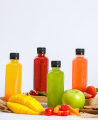 Colorful beverage bottle set of healthy fresh juice extract from variety of clean ripe, organic fruit as supplementary appetizing for nourishment drink, detox cuisine from market ingredient