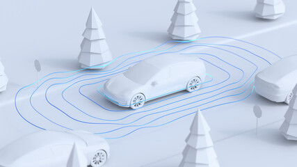Self driving electric car with radar waves avoiding other cars and road signs along a bright white road - 3D Rendering