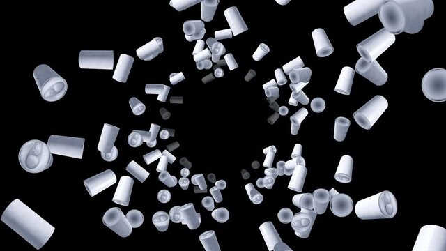 Many cans floating in air on black background. No label beverage cans. Food and drink concept. 3D loop animation.