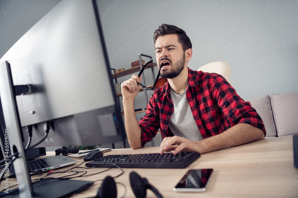 Poster portrait of attractive trendy focused guy writing code security data development brainstorming at of