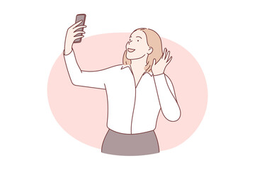 Young business woman greeting someone via video call on phone. Hand drawn style vector design illustrations