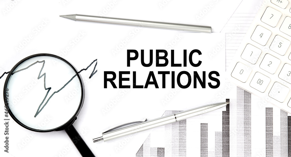 Poster public relations text on document with pen,graph and magnifier,calculator