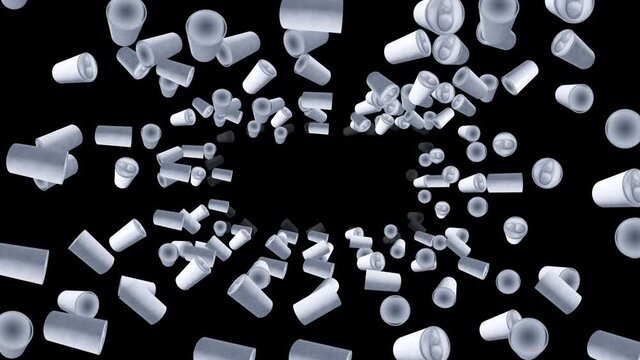 Many cans floating in air on black background. No label beverage cans. Food and drink concept. 3D loop animation.