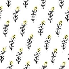 floral pattern in doodle style, spring floral background. Vector Illustration for printing, backgrounds, covers, packaging, greeting cards, textile, seasonal design. Isolated on white background.