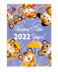 Vector colourful postcard, happy new year 2022, with different tiger cubs 
