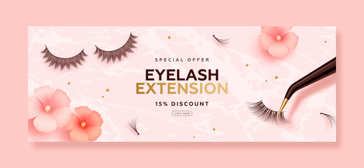 Discount horizontal banner with realistic false lashes, lash extension tools and flowers on pink background. Vector illustration
