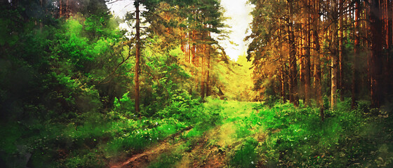 Obraz premium Russian forest, panoramic view. Watercolor drawing of the forest. A road running through a green pine forest