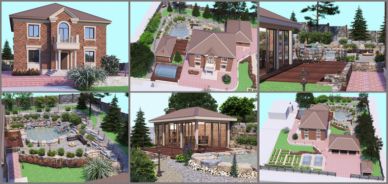 Design solution for a country house site. 3d rendering.The solution of the entrance area for the house.