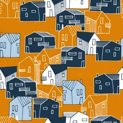 Seamless pattern with townscape in navy-blue and ochre color palette. Small houses in urban landscape for surface design and other design projects